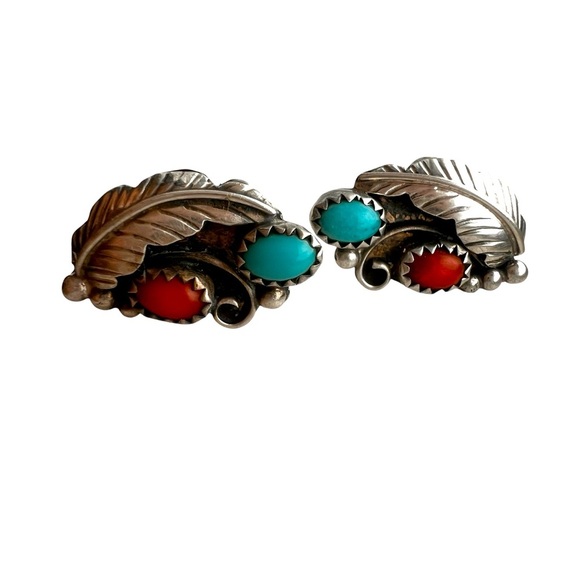 Turquoise Coral Sterling Zuni RRL Feather Navajo Native American Earrings - Picture 1 of 3